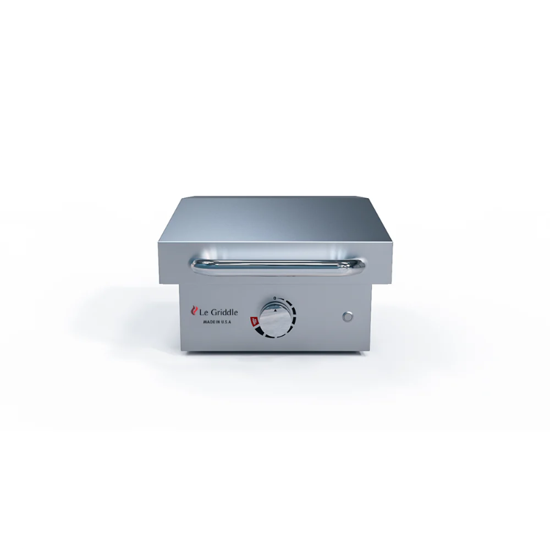 Stainless steel griddle with control knob on a white background