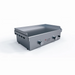 Stainless steel griddle with control knobs on a white background