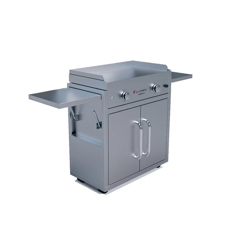 Stainless steel outdoor griddle with a white background
