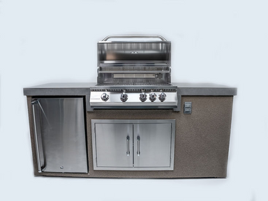 Stainless steel outdoor kitchen with grill and cabinets on a white background