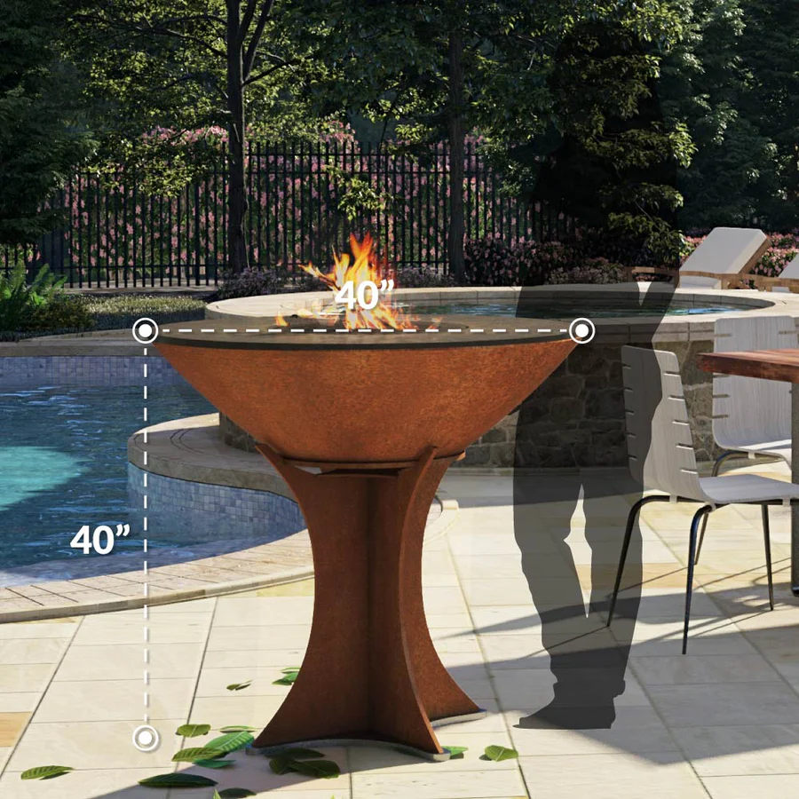 Outdoor fire pit table with flames in a backyard setting