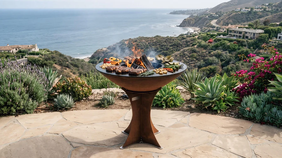 Outdoor fire pit with grill on a stone patio overlooking a scenic ocean view.