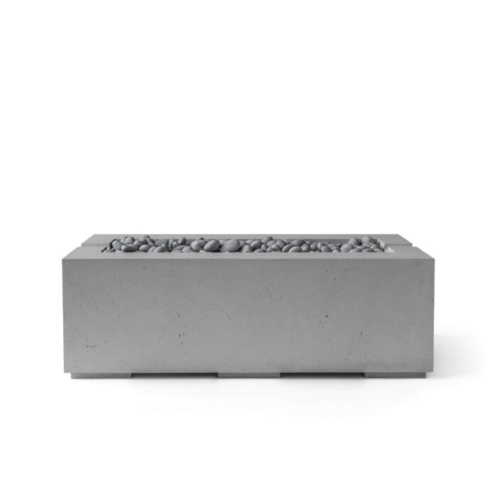 Rectangular concrete firepit with slate beachstones and charcoal concrete finish