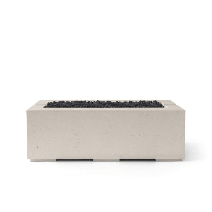 Rectangular concrete firepit with black lava stones and clay concrete finish