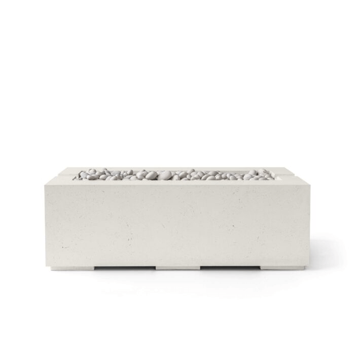 Rectangular concrete firepit with ivory beachstones and limestone concrete finish