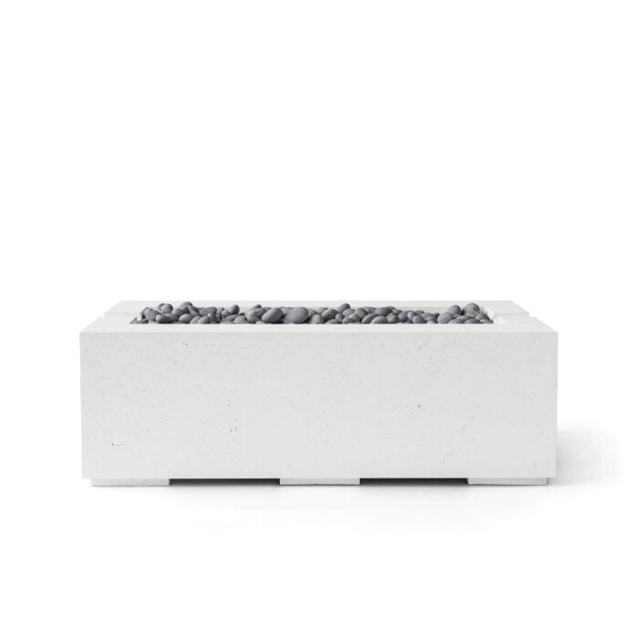 Rectangular concrete firepit with slate beachstones and natural concrete finish