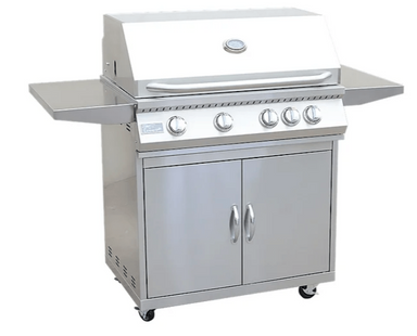 A Kokomo Grills 4 Burner 32" Cart Model BBQ Grill with stainless steel construction, featuring a polished edge hood, four burner knobs, and a stainless steel warming rack.